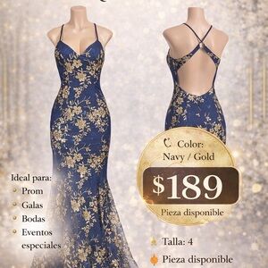 Navy and Gold Floral Lace Prom Gown